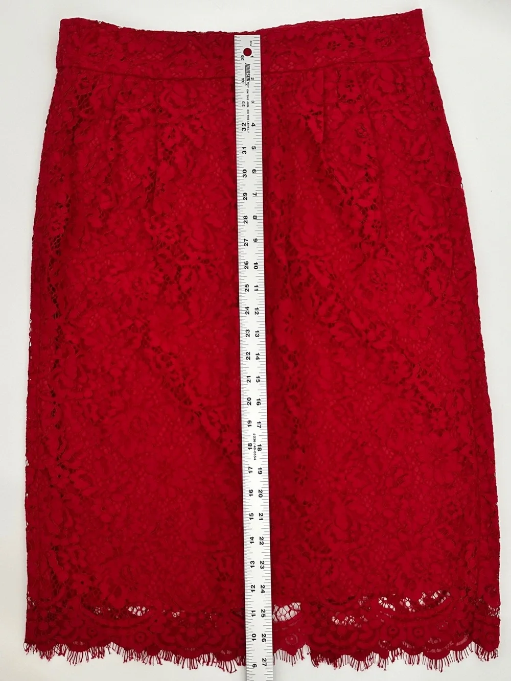 J.Crew Red Lace Pencil Skirt Scalloped Eyelash Hem Lined Size 10 - Picture 2 of 13